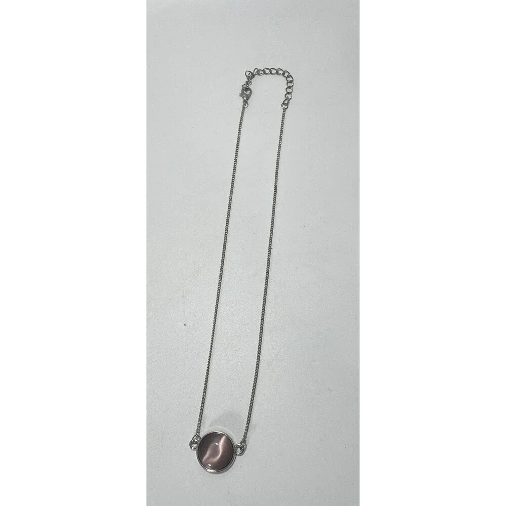 Beautiful Pink Cat Eye Glass Pendant Silver Tone Necklace 17” Adjustable Chain - Picture 6 of 6
